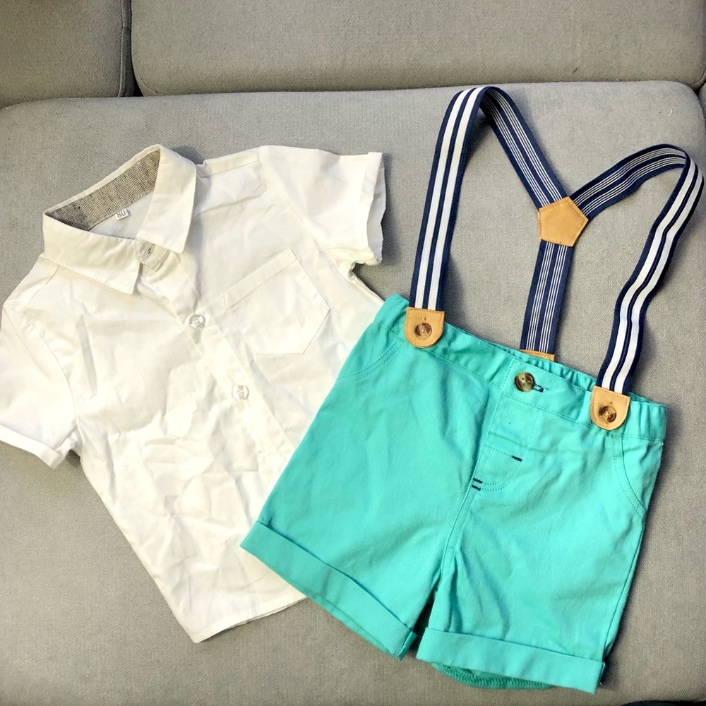 Suspenders outfit with blue shirt and white shirt